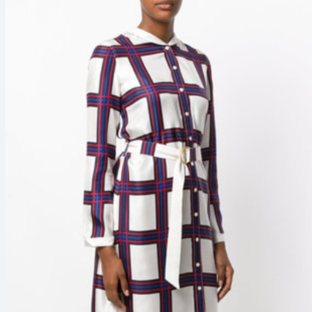 NWOT Tory Burch Silk Plaid Windowpane Ivory Long Sleeve Midi Dress XS $490